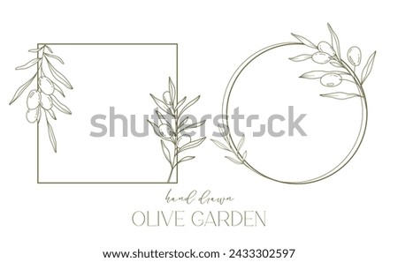Olives Line Drawing. Black and white Olive Frame. Olive Wreath Isolated. Floral Line Art. Fine Line Olives  illustration. Black and white Olive Branches. Hand Drawn Olive. Wedding invitation greenery