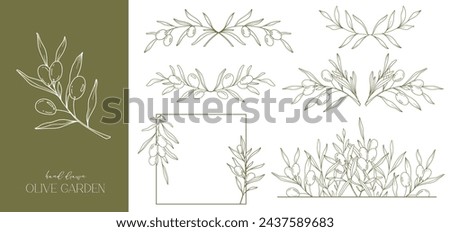 Olives Line Drawing. Black and white Olive Frame. Olive Wreath Isolated. Floral Line Art. Fine Line Olive  illustration. Black and white Olive Branches. Hand Drawn Olives. Wedding invitation greenery
