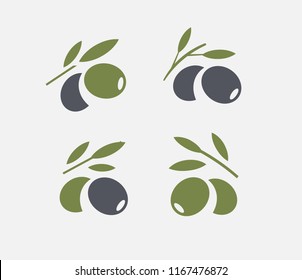 Olives logo set. Black ripe and green olive branch with leaves. Gourmet food emblems. Simple logotype design.