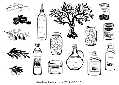 Olives monochrome flat icon set bottles with oil trees branches and cosmetics vector illustration