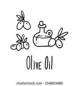 Olives and oil in bottle icon. Hand drawn doodle drawing.
