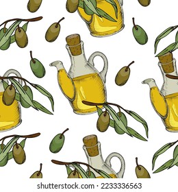 Olives and oil seamless repeatable pattern, hand drawn vector illustration. Endless decorative pattern or wrapping for food and cosmetics with olive oil bottles and plants.