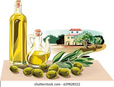 Olives, an olive branch a bottle of extra virgin olive oil, a cruet with olive oil.