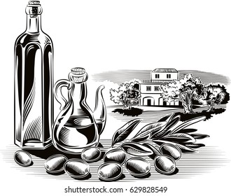 Olives, an olive branch a bottle of extra virgin olive oil, a cruet with olive oil.