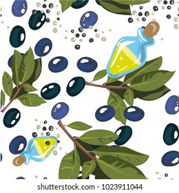 Olives with olive branch and olive oil isolated on white fon. Seamless, set, patern Hand drawn on style pop art, cartoon