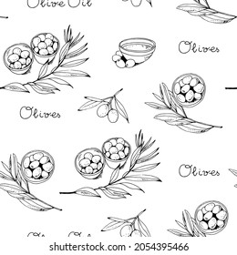 Aceitunas y ramas de oliva sin soldadura vectorial, fondo de alimentos vintage de aceite de oliva