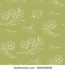 Olives and olive branch seamless vector pattern, olive oil vintage food background