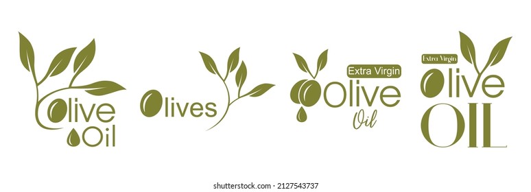 olives, olive oil abstract leaves, and Olives logo, labels designs vector illustrations