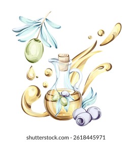 Olives and olive oil captured in a beautiful watercolor illustration emphasizing Italian cuisine and nature