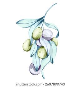 Olives and Olive Oil captured in watercolor illustrating the essence of Italian cuisine and nature