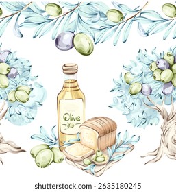 Olives and olive oil framed with a seamless pattern of greenery and bread celebrating the essence of Italian cuisine nature and nutrition