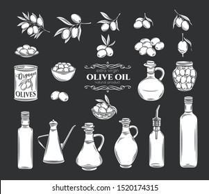 Olives and olive oil glyph icons set. Isolated tree branches, glass bottle, jug , metal dispenser with oil. Retro style, vector illustration.