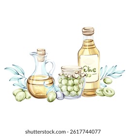 Olives and olive oil illustrated in a beautiful watercolor style showcasing the essence of Italian cuisine and nature
