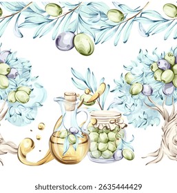 Olives and olive oil illustrated in watercolor with seamless pattern framed border arrangement of natural elements celebrating Italian cuisine and nutrition