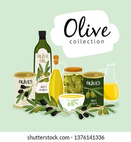 Olives and olive oil. Natural olives oils, glass and metallic cans, olive branches vector collection on green background