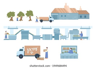 Olives and olive oil production set, cartoon vector illustration isolated.