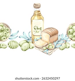 Olives and olive oil seamless pattern with frame and border featuring natural beauty culinary delights and the charm of Italian cuisine