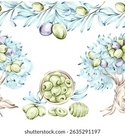 Olives and olive oil seamless pattern with arrangement in watercolor technique highlighting Italian cuisine nature beauty and nutrition featuring a tasteful frame and border design