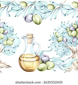 Olives and olive oil in a seamless pattern frame with a beautiful arrangement reflecting Italian cuisine and nature