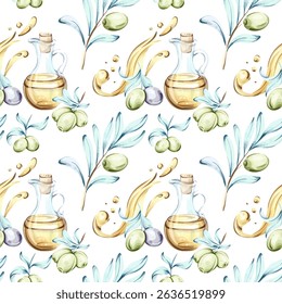 Olives and olive oil seamless pattern background design inspired by Italian cuisine and nature featuring watercolor illustrations of olives oil bottles and vibrant greenery creating a beautiful