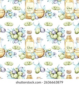 Olives and olive oil seamless pattern for beautiful wallpaper inspired by nature and Italian cuisine celebrating the beauty of nutrition and fresh ingredients