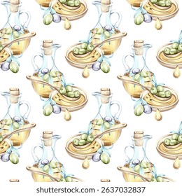 Olives and olive oil seamless pattern for background wallpaper inspired by Italian cuisine and nature showcasing beauty and nutrition with watercolor illustrations of olives oil and ceramic dishes