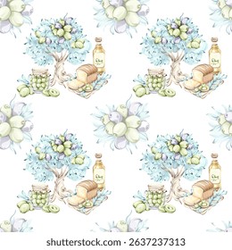 Olives and olive oil seamless pattern background wallpaper featuring watercolor illustrations of nature Italian cuisine and nutrition