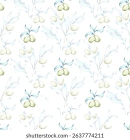 Olives and olive oil seamless pattern background wallpaper in watercolor style inspired by Italian cuisine nature and beauty of healthy eating