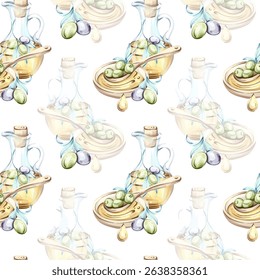 Olives and olive oil seamless pattern background wallpaper featuring delicate watercolor illustrations capturing the essence of Italian cuisine nature and beauty in nutritious food art