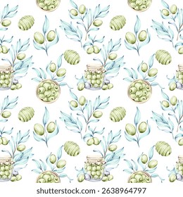 Olives and olive oil seamless pattern background in watercolor style featuring elements of Italian cuisine nature and beauty ideal for wallpaper