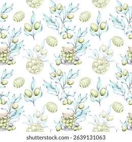 Olives and olive oil seamless pattern background wallpaper featuring watercolor illustrations inspired by Italian cuisine and natures beauty