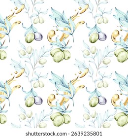Olives and olive oil seamless pattern background wallpaper in watercolor technique showcasing beauty of Italian cuisine and nature with vibrant colors and delicate detailing