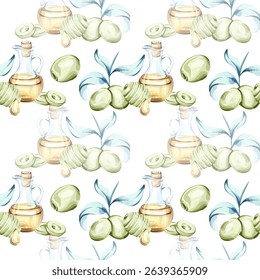 Olives and olive oil seamless pattern background wallpaper inspired by Italian cuisine and nature featuring vibrant watercolor illustrations of olives olive branches and bottles of oil showcasing the