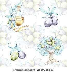 Olives and olive oil seamless pattern background wallpaper in watercolor style inspired by Italian cuisine and natures beauty