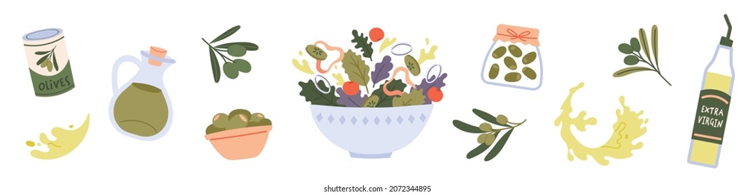 Olives and olive oil set. Extra virgin oil in pitcher, pitted vegetables in metal and glass jars, salad bowl. Mediterranean food ingredients. Fat plant from Greece or Italy. Flat cartoon illustration