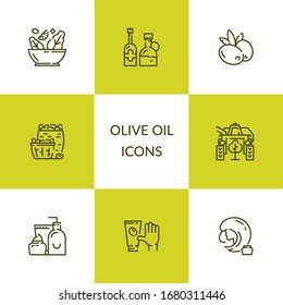 Olives. Olive oil. Set of linear icons.