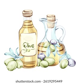 Olives and olive oil showcase the essence of Italian cuisine in beautiful watercolor art