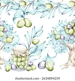 Olives and olive oil watercolor illustration series featuring seamless patterns arrangements and decorative frames inspired by Italian cuisine nature and the beauty of healthy eating