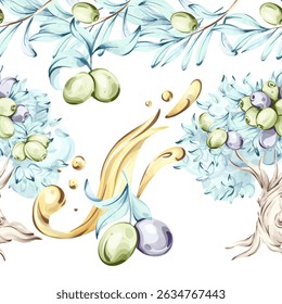 Olives and olive oil in watercolor style with seamless pattern frame and artistic border highlighting Italian cuisine nature and beauty of healthy eating