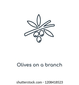 Olives on a branch concept line icon. Linear Olives on a branch concept outline symbol design. This simple element illustration can be used for web and mobile UI/UX.