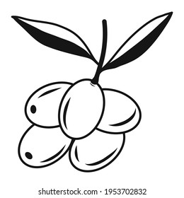 Olives on branch icons. Black illustration. Contour liner sketch. Idea for decors, logo, patterns, papers, covers, gifts, summer and autumn holidays, floral natural themes. Isolated vector art.