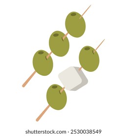 Aceitunas en un pincho de cóctel martini.Aceitunas verdes en un palo y queso.Ilustración vectorial.Aperitivo de aceitunas.aceitunas en un palillo.Queso griego.