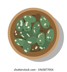 aceitunas en un plato. Objeto aislado. Alimentación vegetal natural. Ilustración plana vectorial moderna aislada en blanco para restaurante, café, tarjeta de regalo, pegatina, postal, tela, camiseta, afiche, regalos