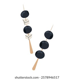 Olives on skewer. Snack with slices of feta cheese. Black olives. Greek cuisine. Flat illustration on white background.