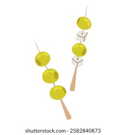 Olives on skewer. Snack with slices of feta cheese. Green olives. Greek cuisine. Flat illustration on white background.