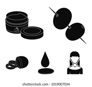 Olives on skewers. A piece of black olives, a jar of cream, a drop of oil. Olives set collection icons in black style vector symbol stock illustration web.