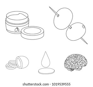 Olives on skewers. A piece of black olives, a jar of cream, a drop of oil. Olives set collection icons in outline style vector symbol stock illustration web.