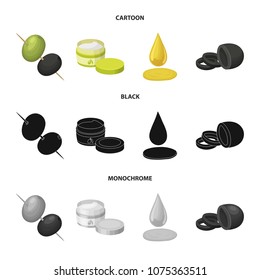 Olives on skewers. A piece of black olives, a jar of cream, a drop of oil. Olives set collection icons in cartoon,black,monochrome style vector symbol stock illustration web.