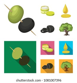 Olives on skewers. A piece of black olives, a jar of cream, a drop of oil. Olives set collection icons in cartoon,flat style vector symbol stock illustration web.