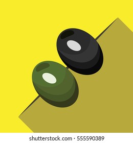 Olives on a stick flat style with long shadow isolated on yellow background. olive vector sign symbol